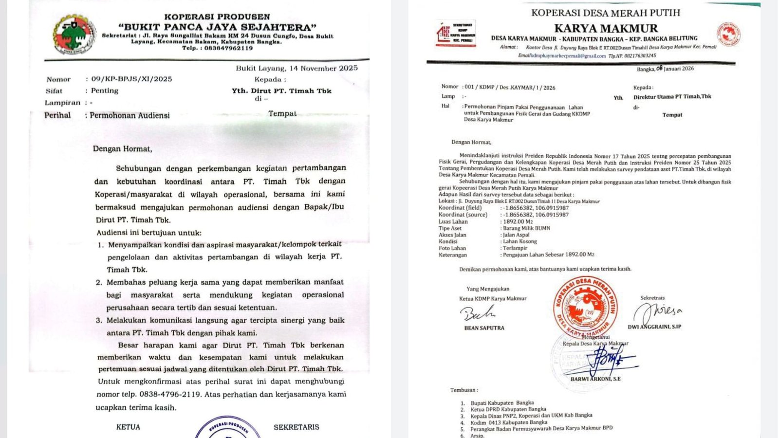 Surat Pengurus KDMP permoonanl Pinjam pakai lahan yang berstatus Lahan PT timah?